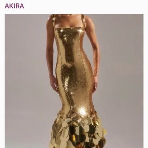 AKIRA Gold Sequin Gown with Disc Details